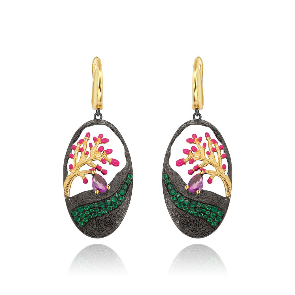 Natural Gemstone Tree of Life Earrings 925 Sterling Silver (wearing effect view)