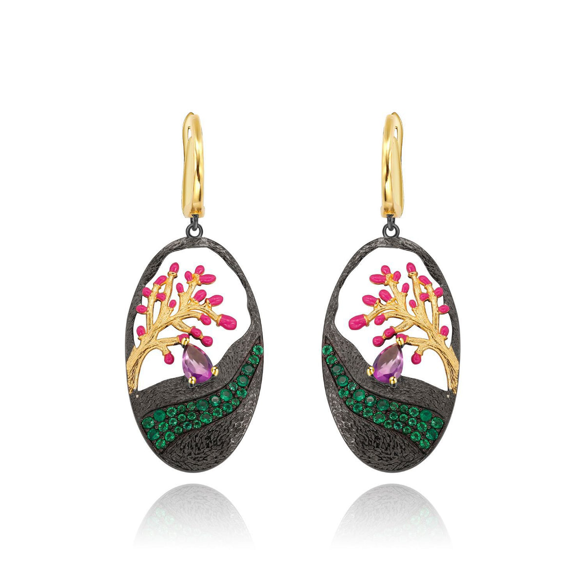 Natural Gemstone Tree of Life Earrings 925 Sterling Silver (wearing effect view)