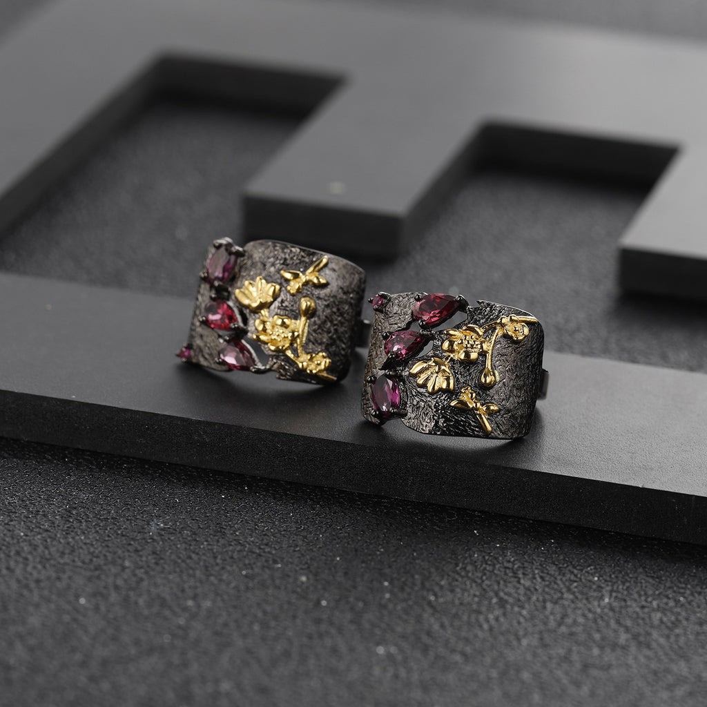 Rose Garnet Floral Earrings 925 Sterling Silver (design detail close-up)