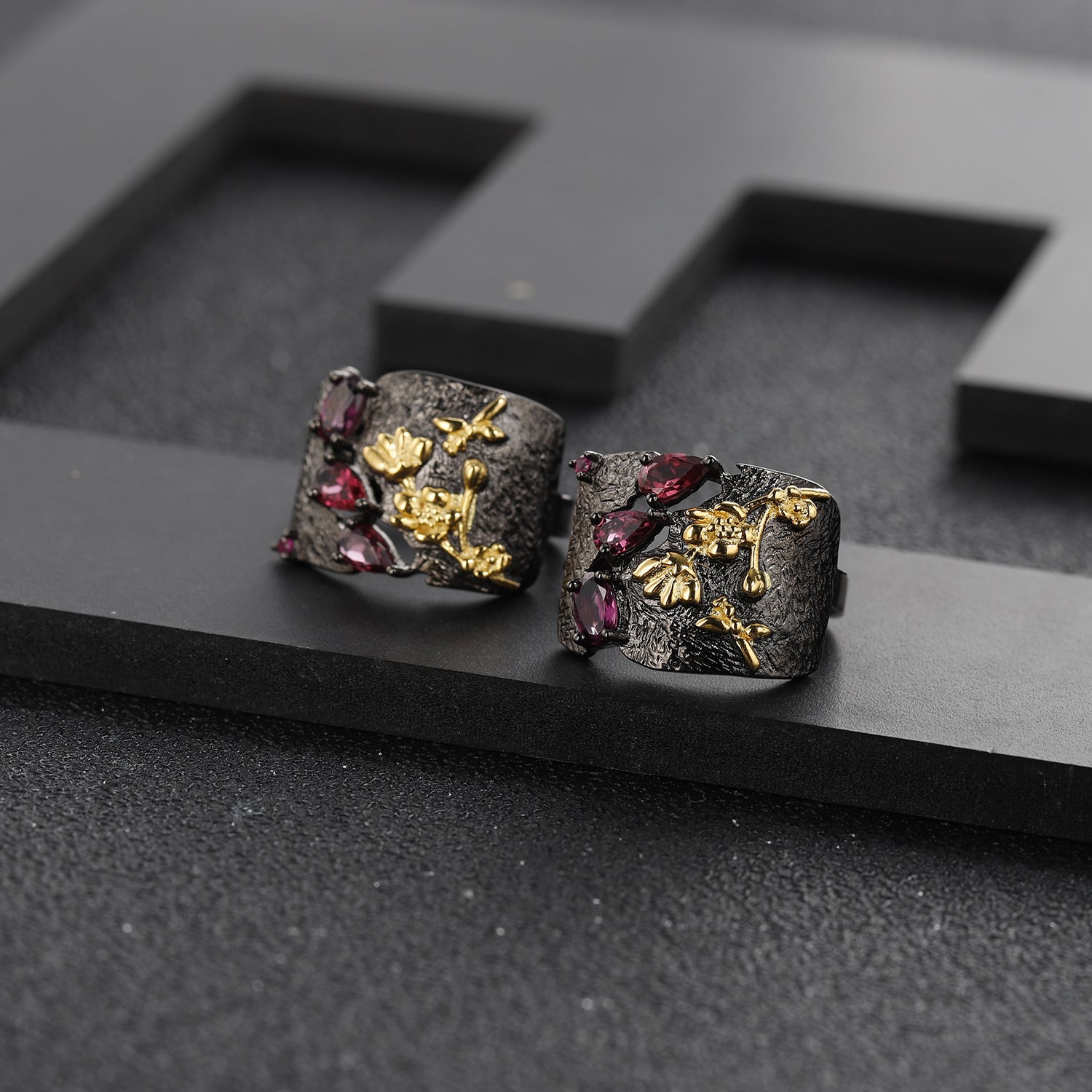 Rose Garnet Floral Earrings 925 Sterling Silver (design detail close-up)