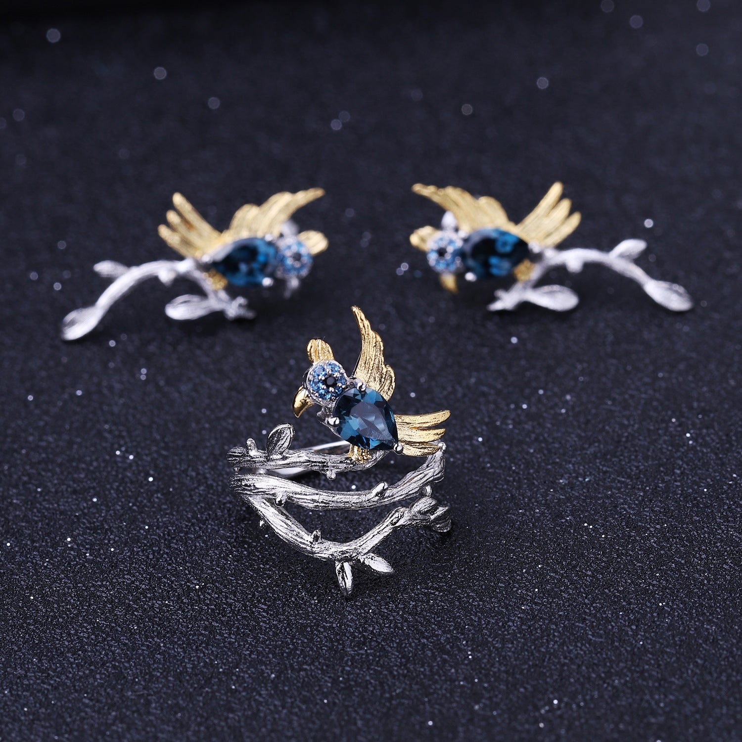 London Blue Topaz Magpie Earrings 925 Sterling Silver (gemstone setting detail)