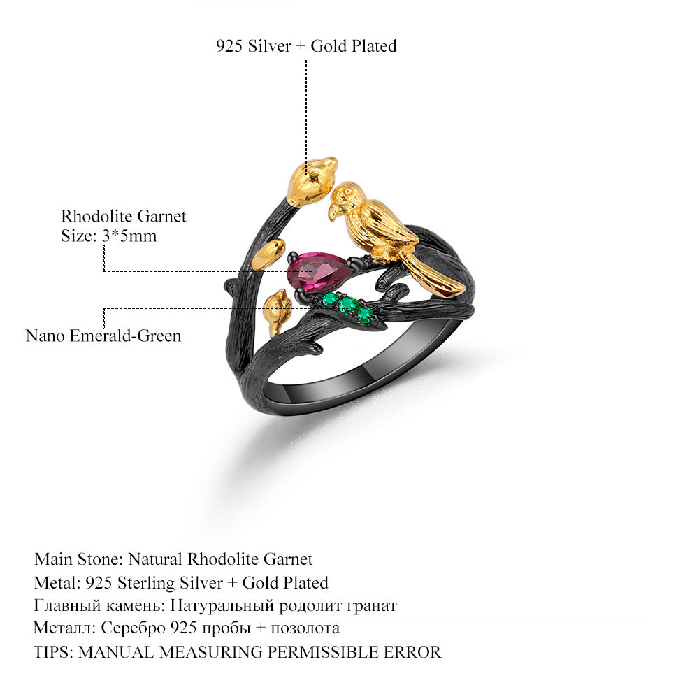Rose Garnet Bird Ring 925 Sterling Silver