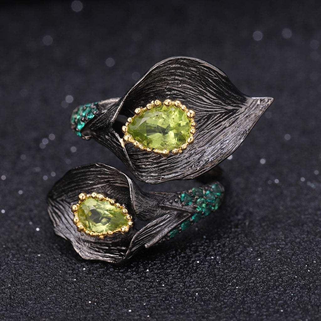 Multicolor Natural Gemstones Nature-Inspired Adjustable Ring 925 Sterling Silver (design detail close-up)