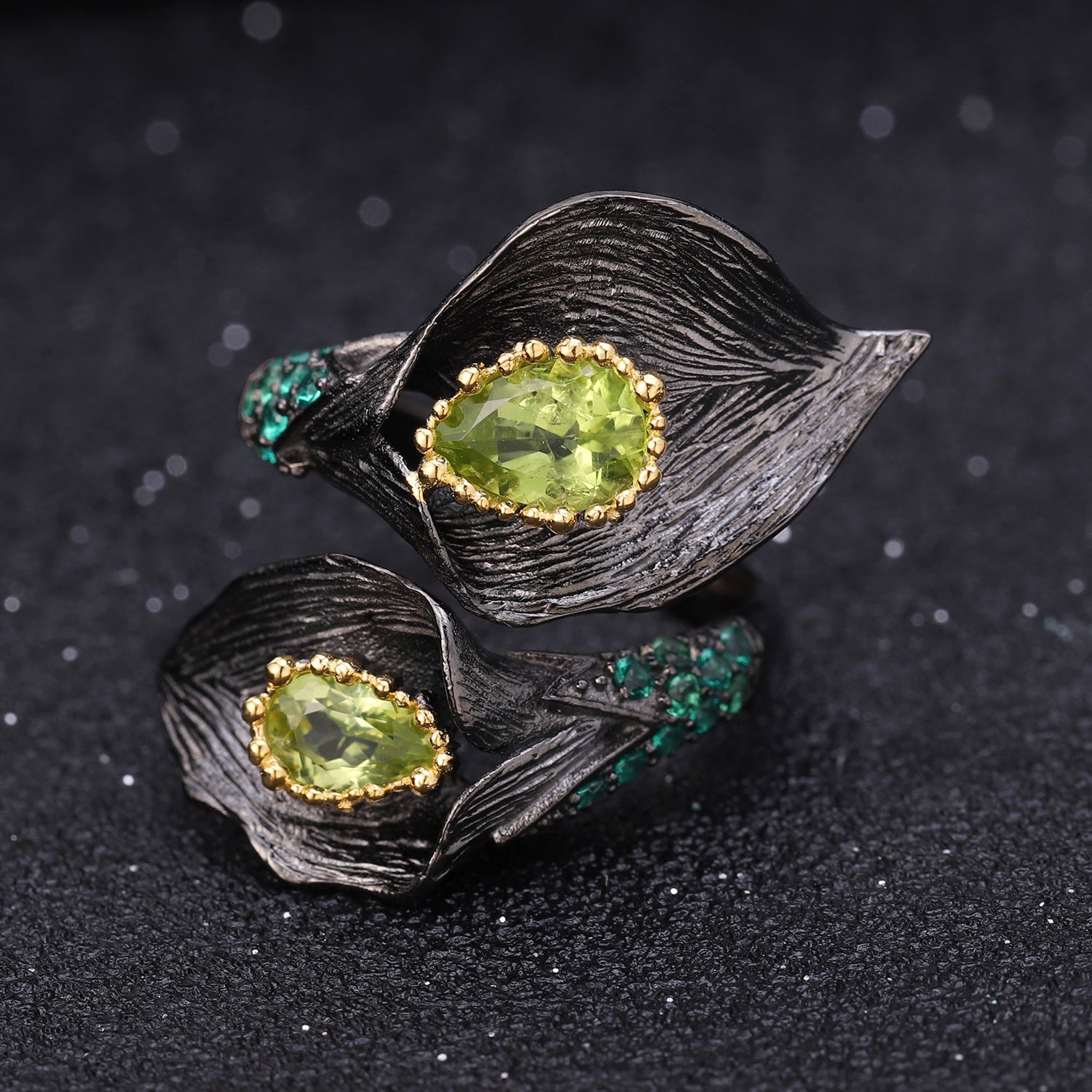 Multicolor Natural Gemstones Nature-Inspired Adjustable Ring 925 Sterling Silver (design detail close-up)
