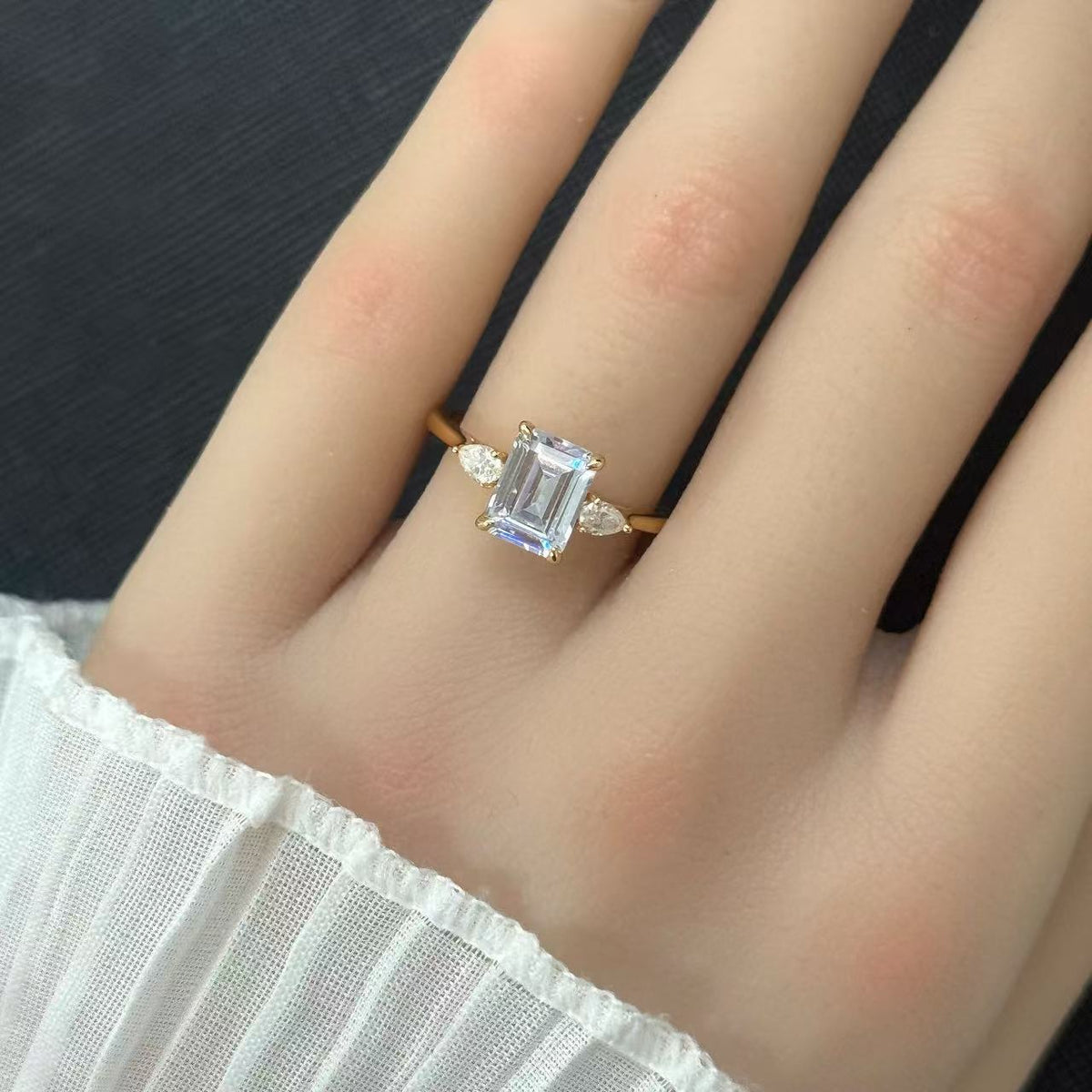 Emerald Cut Moissanite Three-Stone Ring 925 Sterling Silver - View 2
