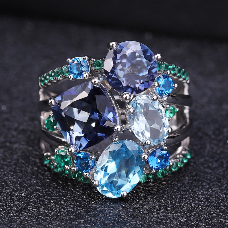 Luxury Natural Gemstone Ring 925 Sterling Silver with Topaz, Iolite & Crystal