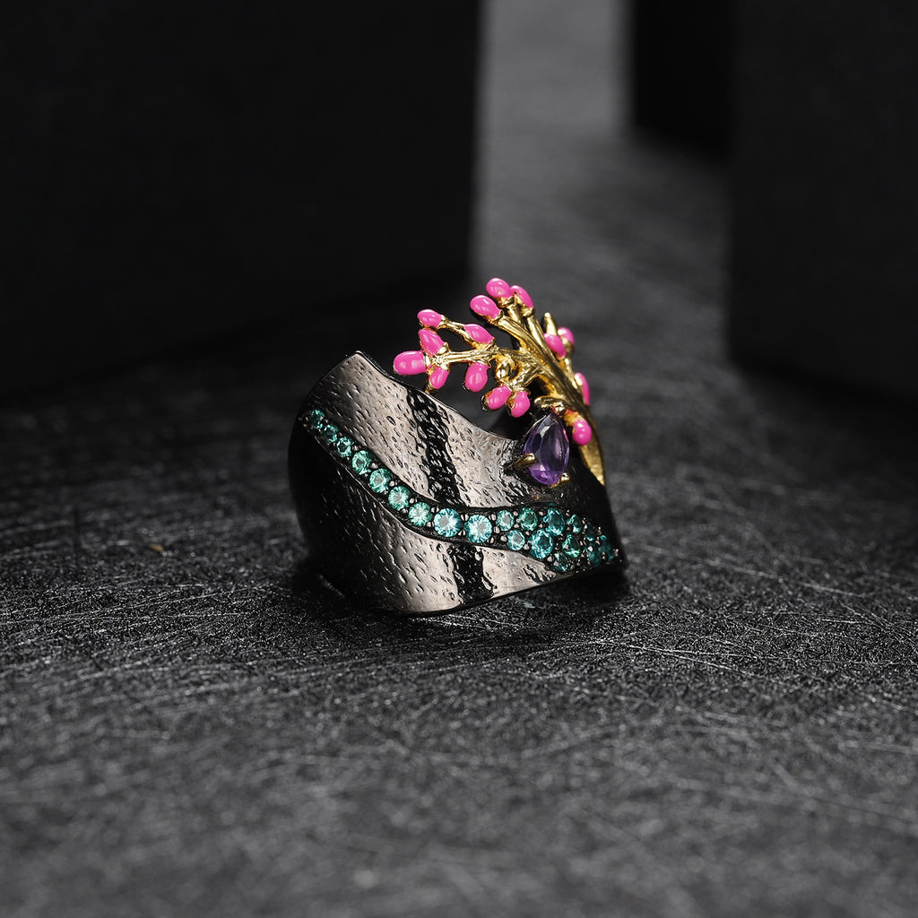Amethyst Tree of Life Ring 925 Sterling Silver (design detail close-up)