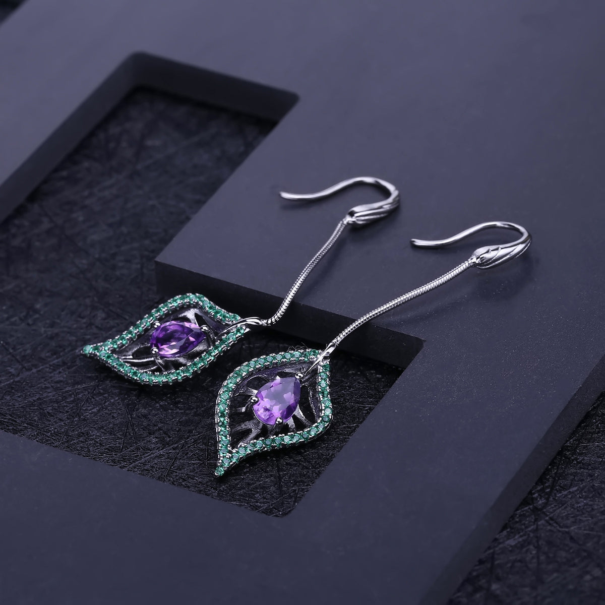 Amethyst Nature-Inspired Long Drop Earrings 925 Sterling Silver (design detail close-up)