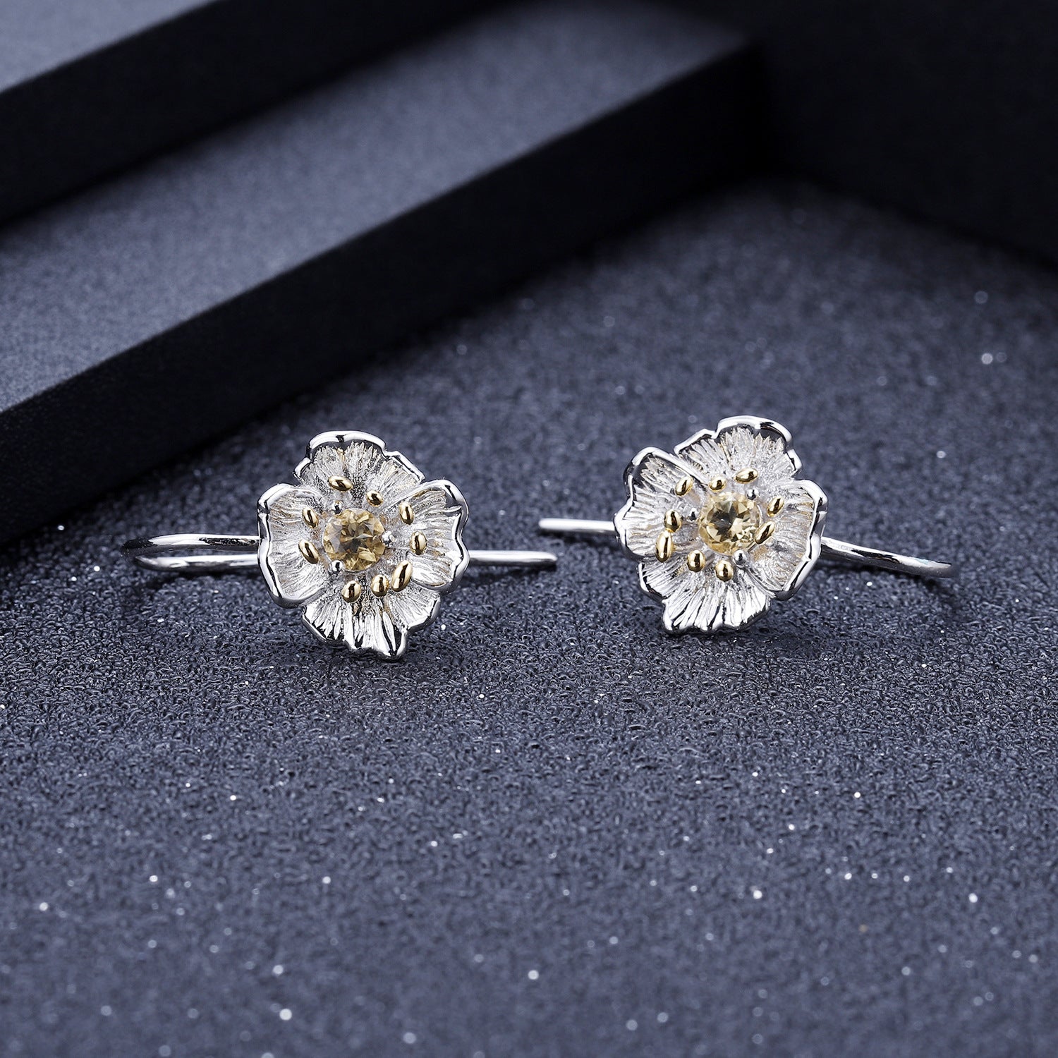 Topaz Plum Blossom Earrings 925 Sterling Silver (gemstone setting detail)