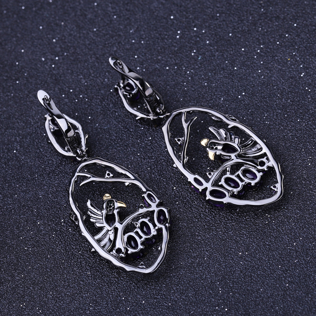 Natural Gemstone Birds Among the Branches Earrings 925 Sterling Silver (gemstone setting detail)