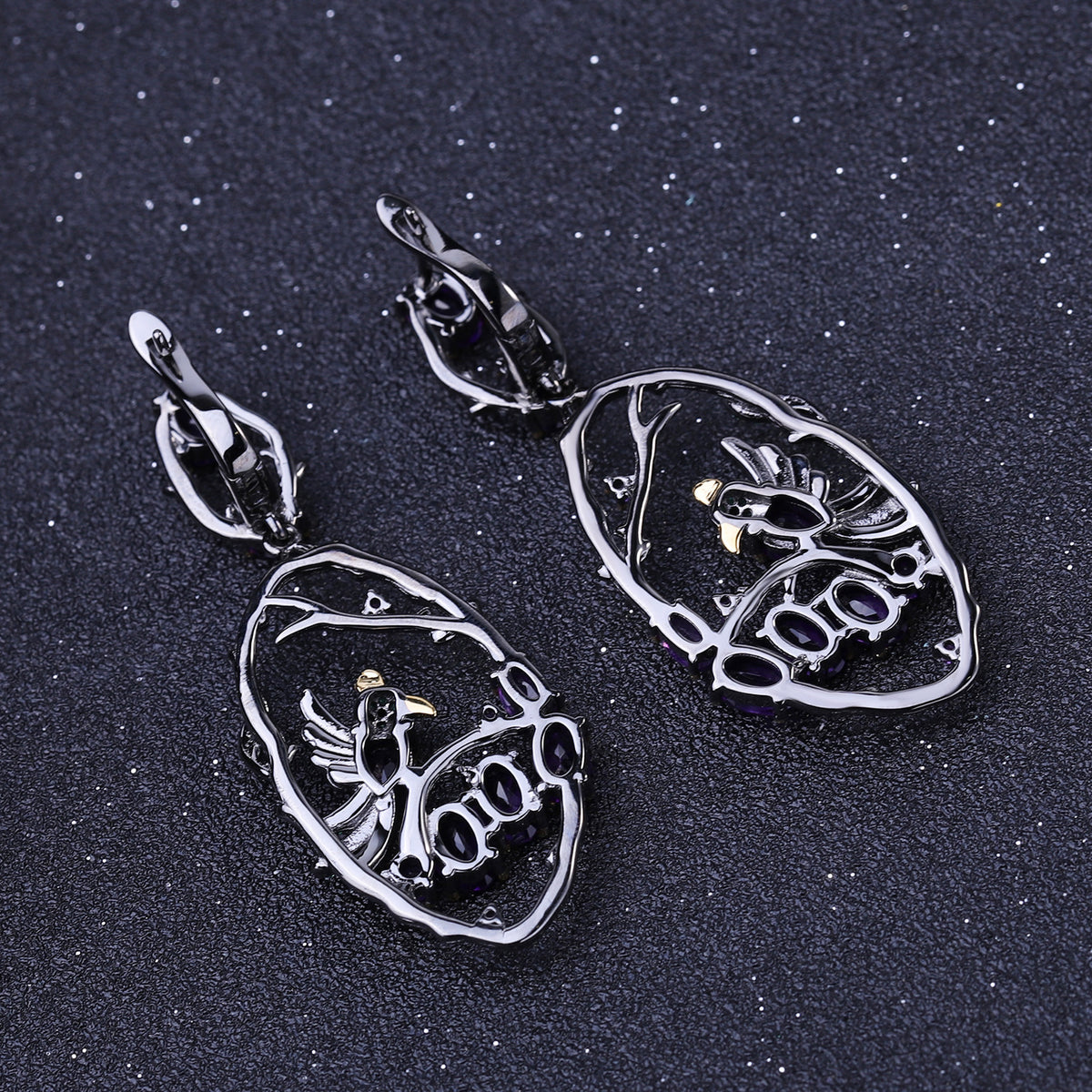 Natural Gemstone Birds Among the Branches Earrings 925 Sterling Silver (gemstone setting detail)