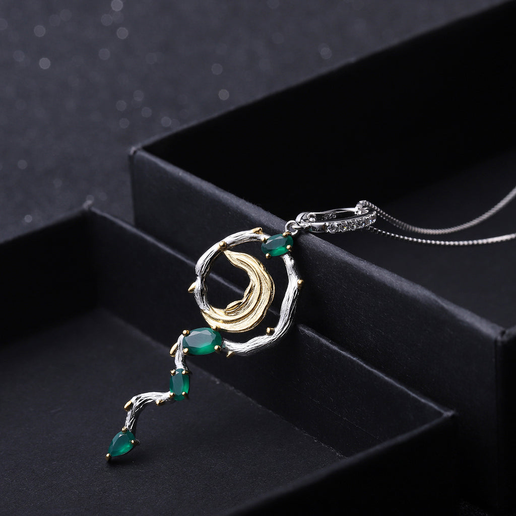 Green Agate Floral Pendant 925 Sterling Silver (side profile view)