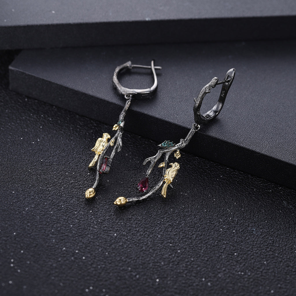 Rose Garnet Bird Earrings 925 Sterling Silver (gemstone setting detail)