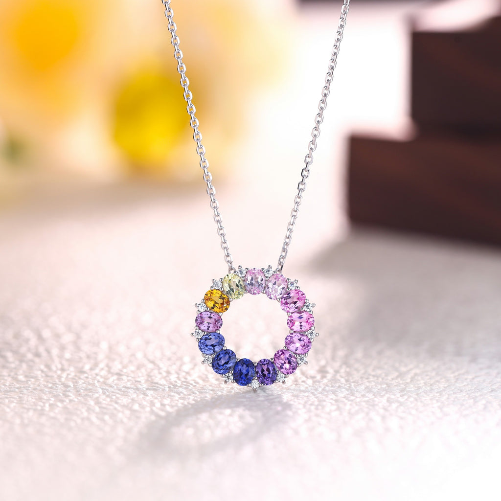 Lab-Grown Multicolor Gemstone Wreath Necklace 925 Sterling Silver - Close-Up Detail