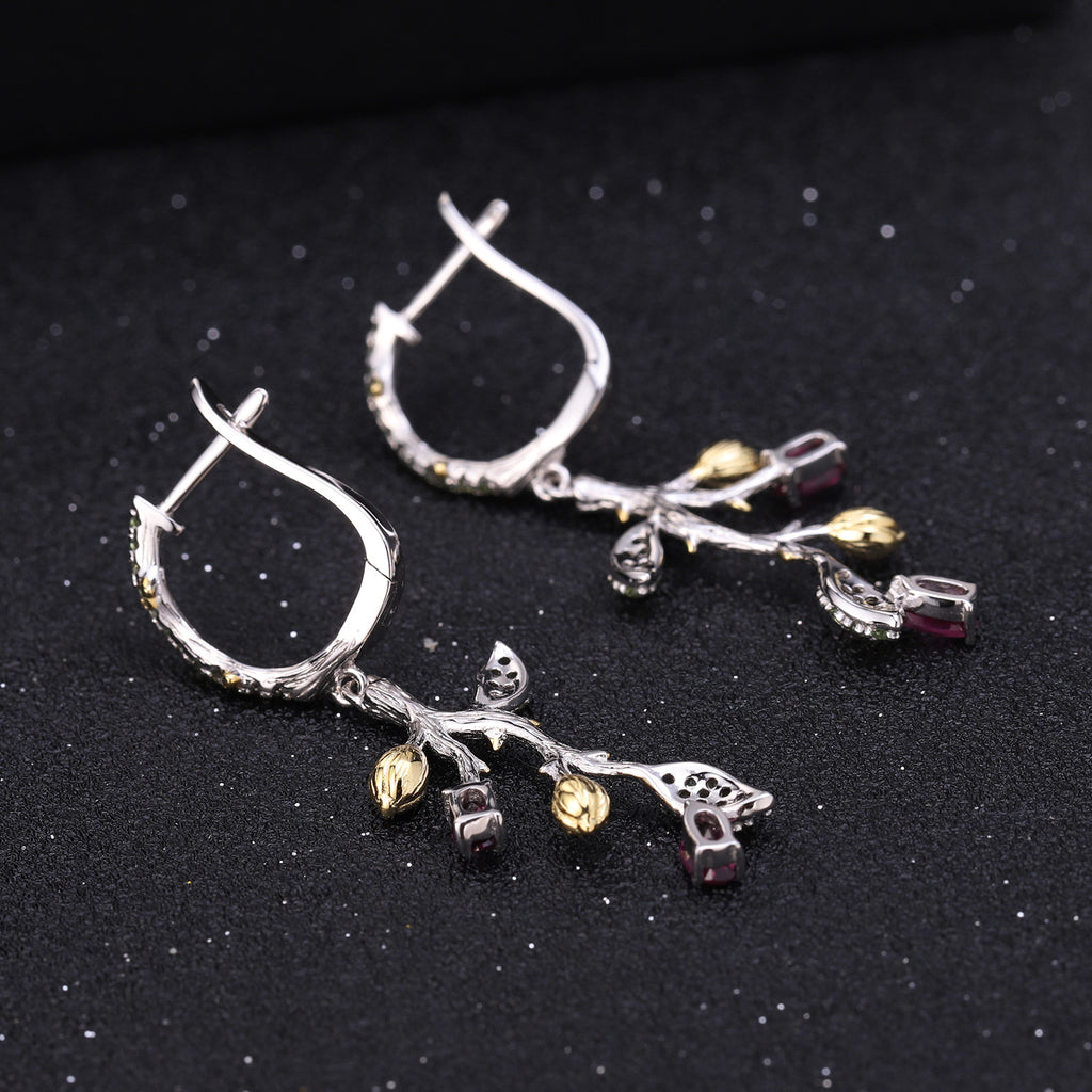Multicolor Natural Gemstones Nature-Inspired Earrings 925 Sterling Silver (side profile view)
