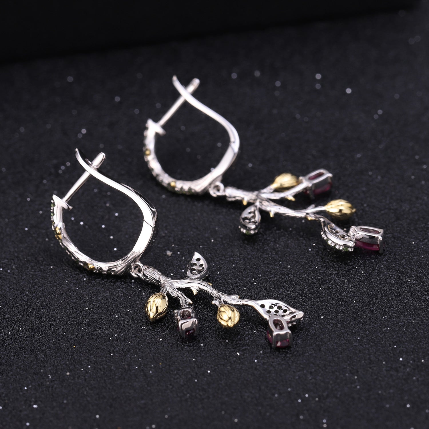 Multicolor Natural Gemstones Nature-Inspired Earrings 925 Sterling Silver (side profile view)