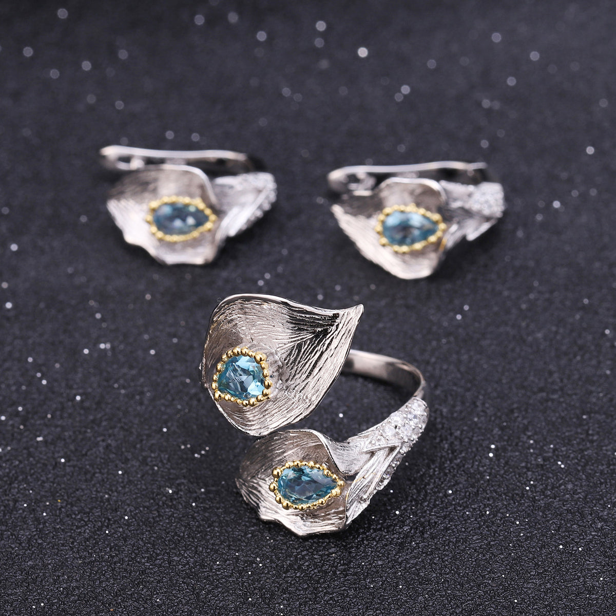 Multicolor Natural Gemstones Nature-Inspired Adjustable Ring 925 Sterling Silver (side profile view)