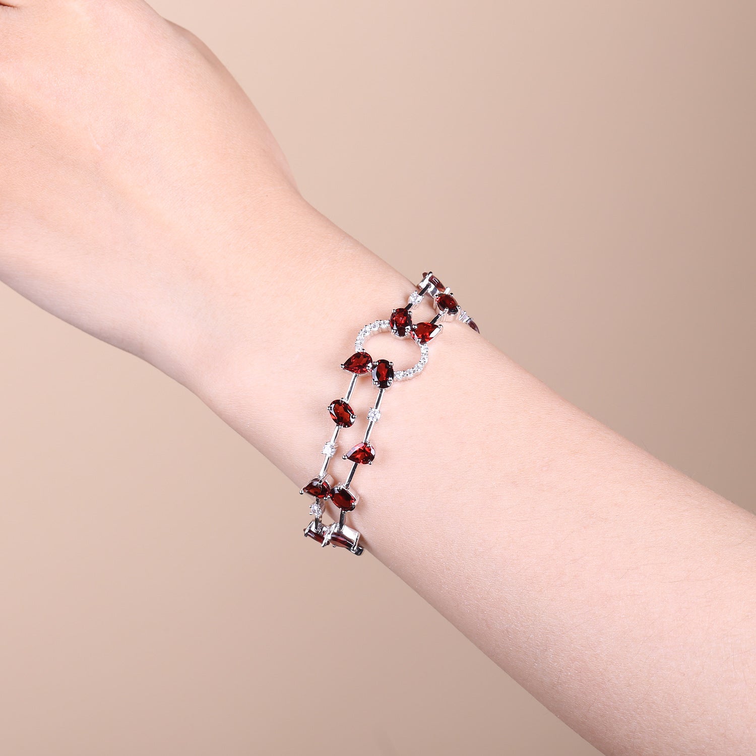 Garnet Designer Bracelet 925 Sterling Silver (wearing effect view)
