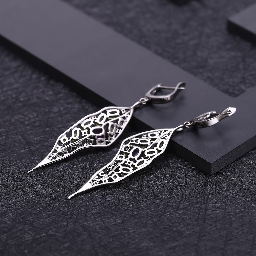 Multicolor Natural Gemstones Leaf Earrings 925 Sterling Silver (gemstone setting detail)