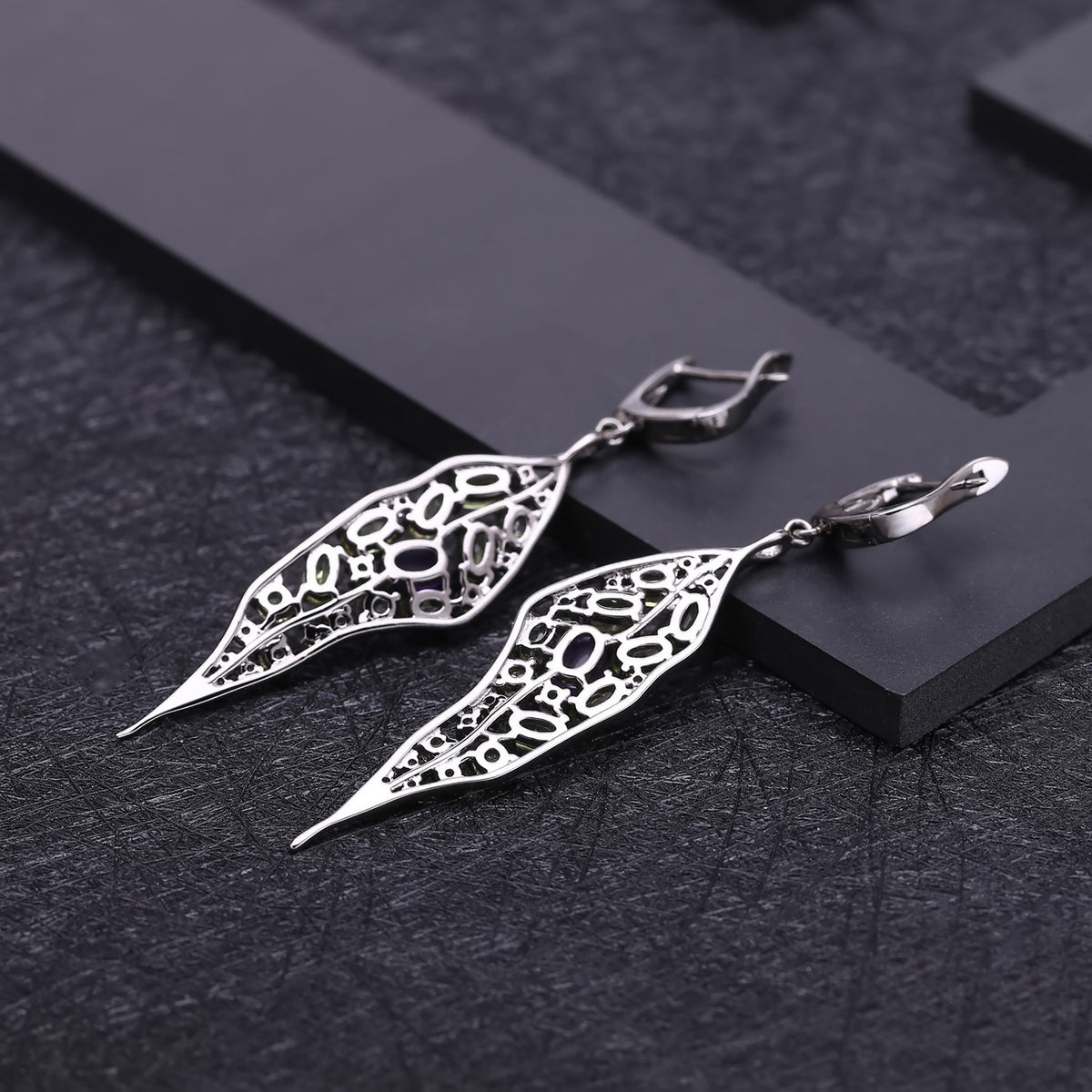 Multicolor Natural Gemstones Leaf Earrings 925 Sterling Silver (gemstone setting detail)