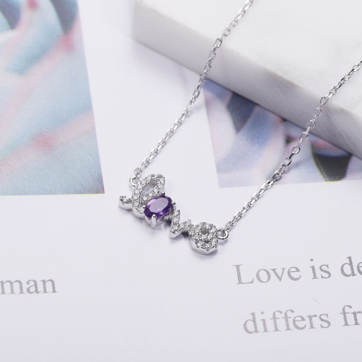 Amethyst LOVE Letter Bracelet 925 Sterling Silver (design detail close-up)