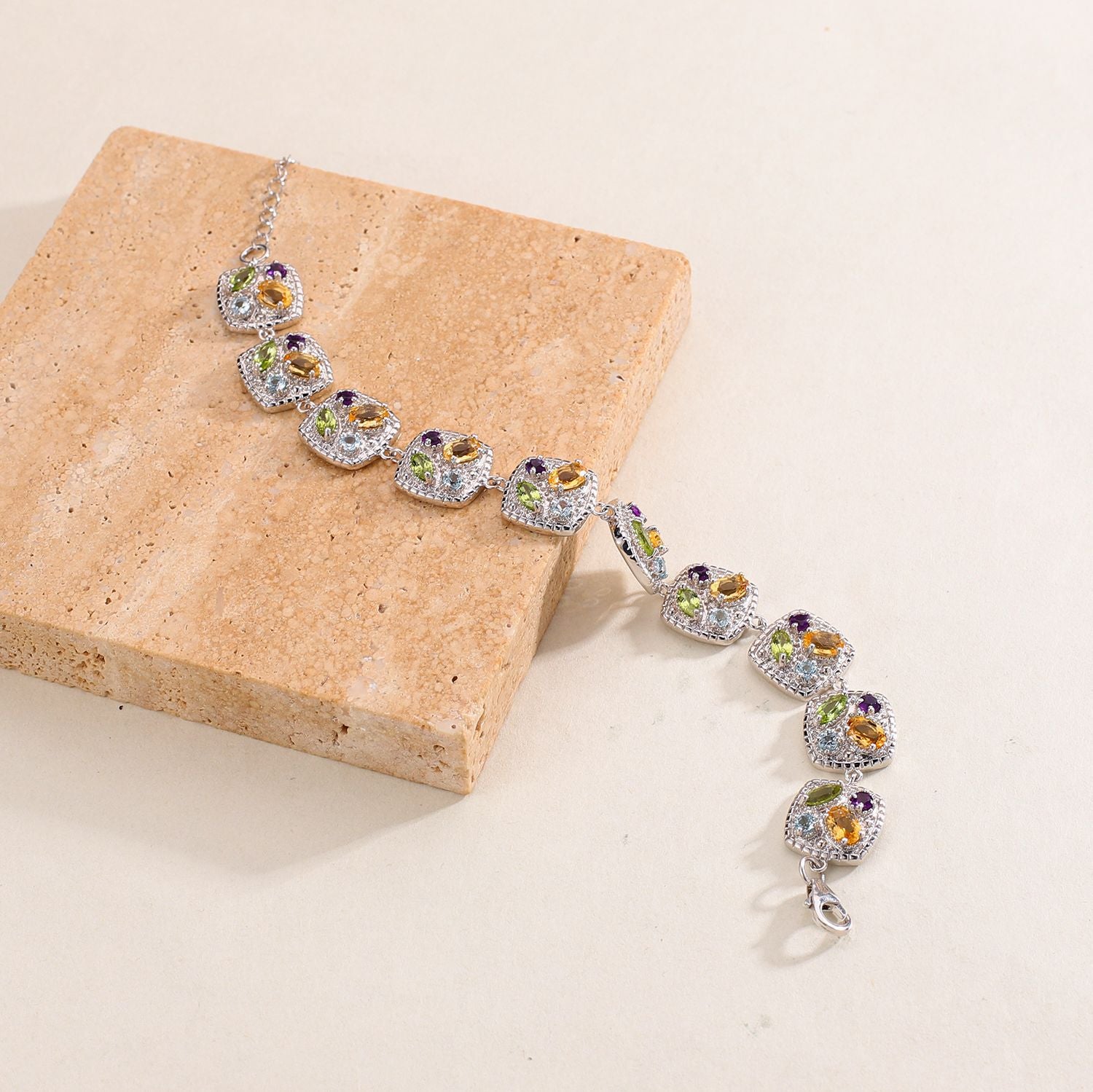 Multicolor Gemstones Luxury Bracelet 925 Sterling Silver (side profile view)