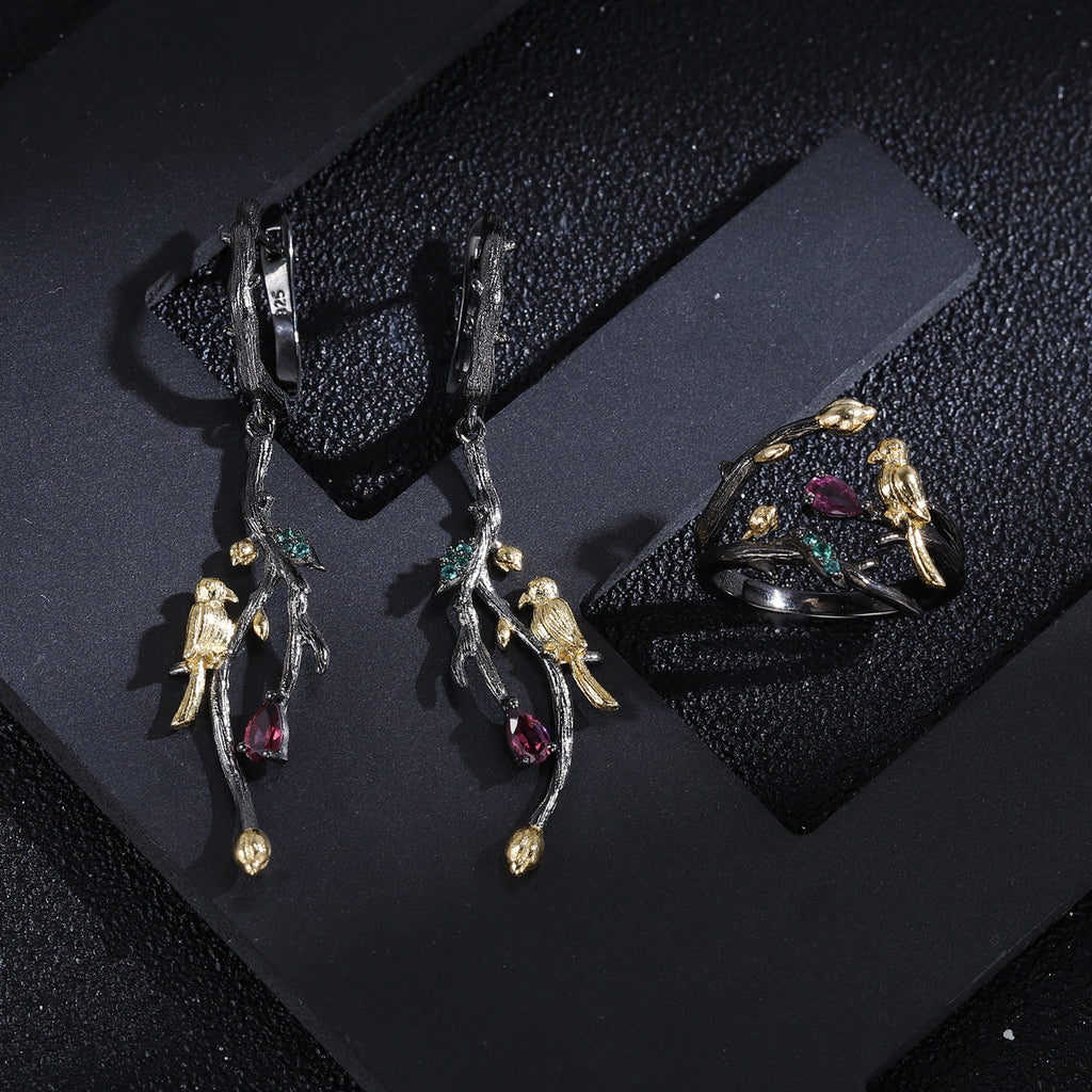Rose Garnet Bird Earrings 925 Sterling Silver (design detail close-up)