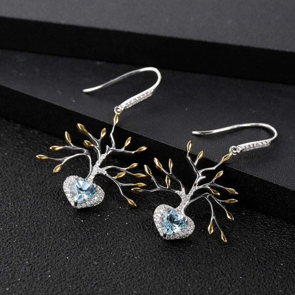 Topaz Tree of Life Earrings 925 Sterling Silver (design detail close-up)