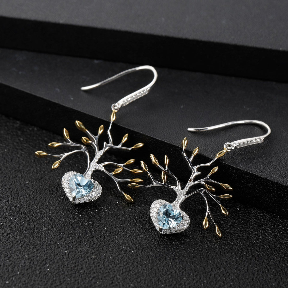 Topaz Tree of Life Earrings 925 Sterling Silver (design detail close-up)