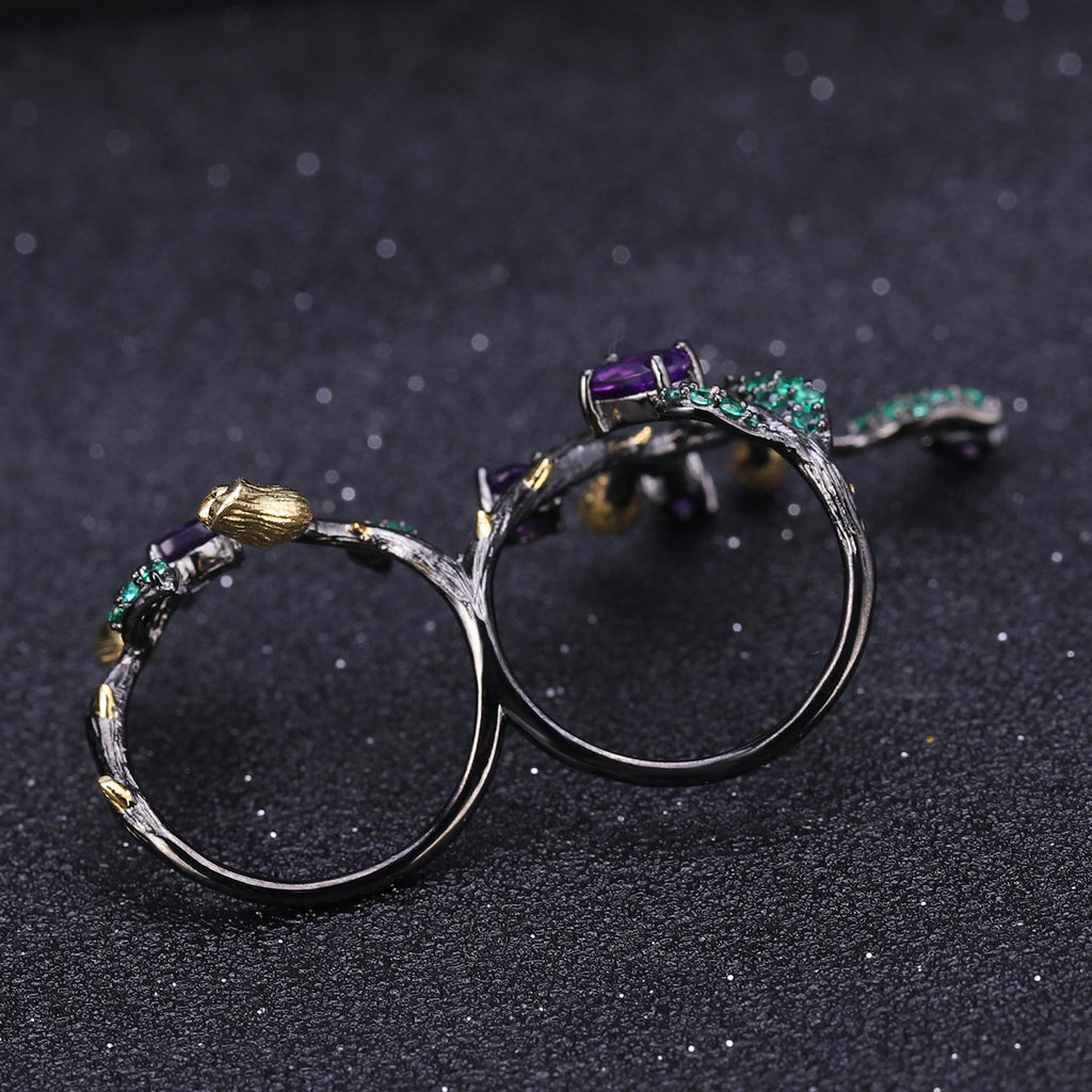Multicolor Natural Gemstones Nature-Inspired Adjustable Ring 925 Sterling Silver (gemstone setting detail)