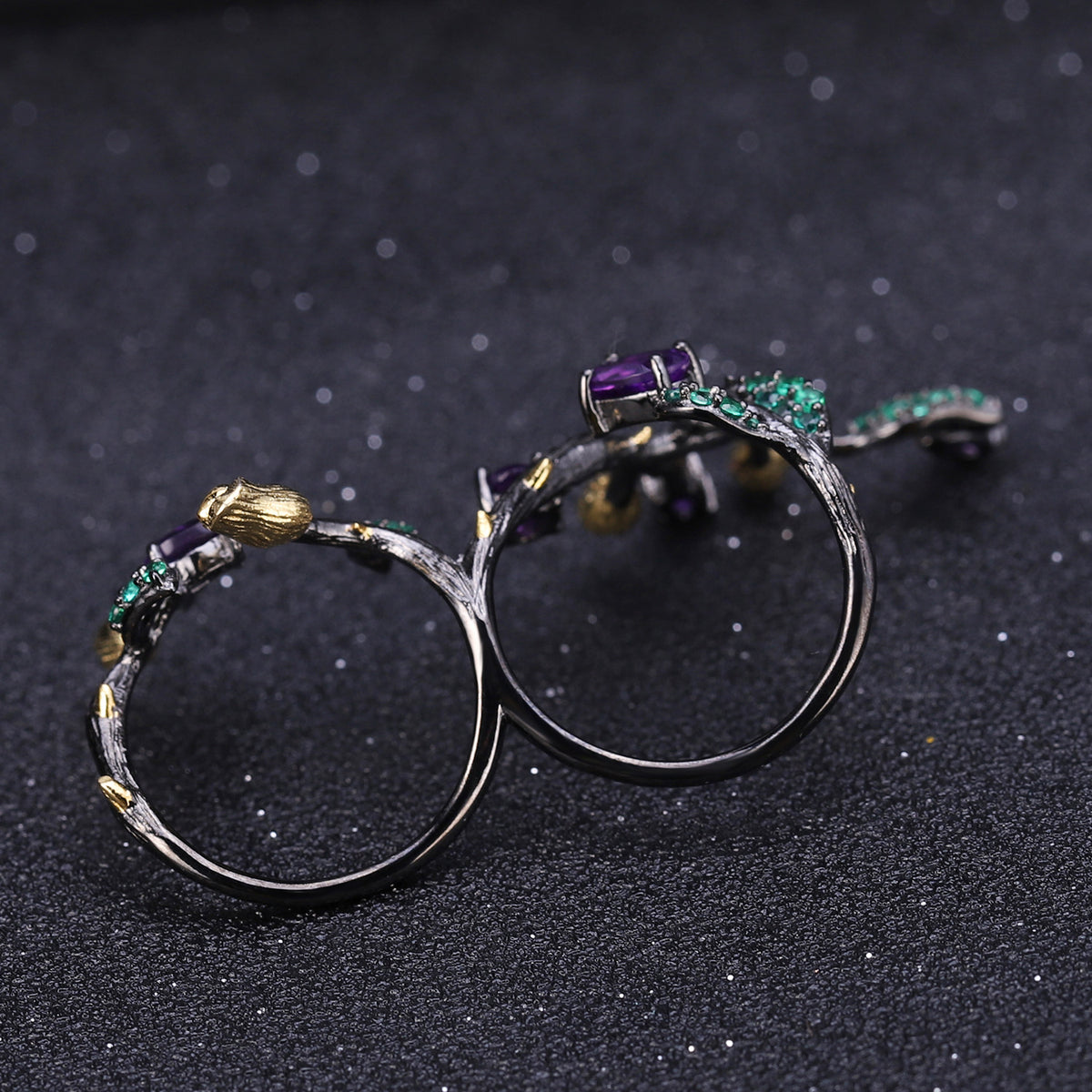 Multicolor Natural Gemstones Nature-Inspired Adjustable Ring 925 Sterling Silver (gemstone setting detail)