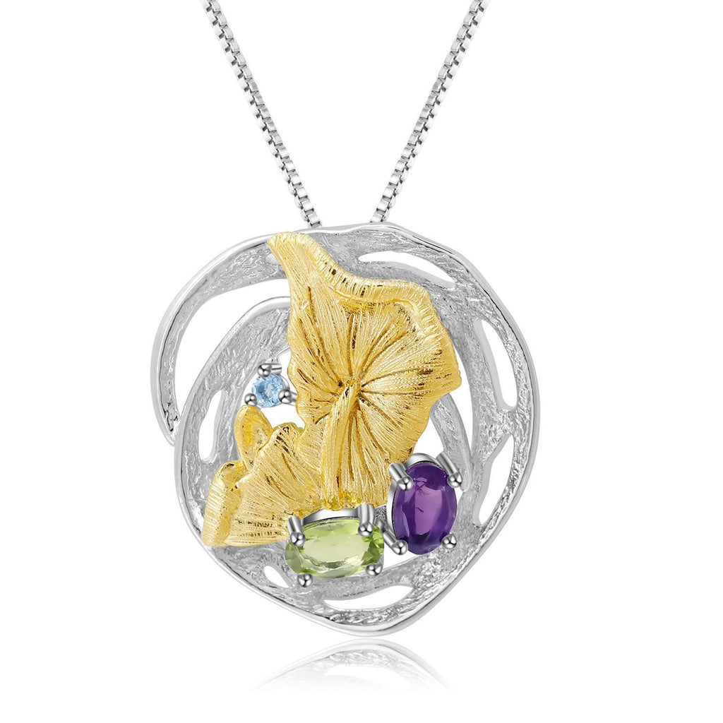 Multicolor Natural Gemstones Nature-Inspired Pendant 925 Sterling Silver (wearing effect view)