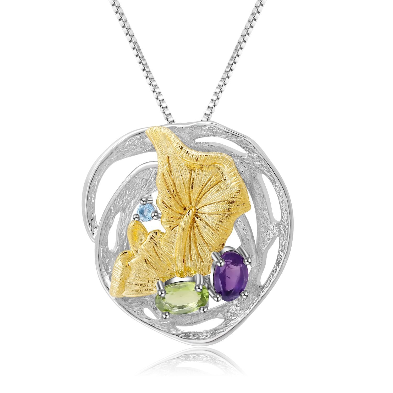 Multicolor Natural Gemstones Nature-Inspired Pendant 925 Sterling Silver (wearing effect view)