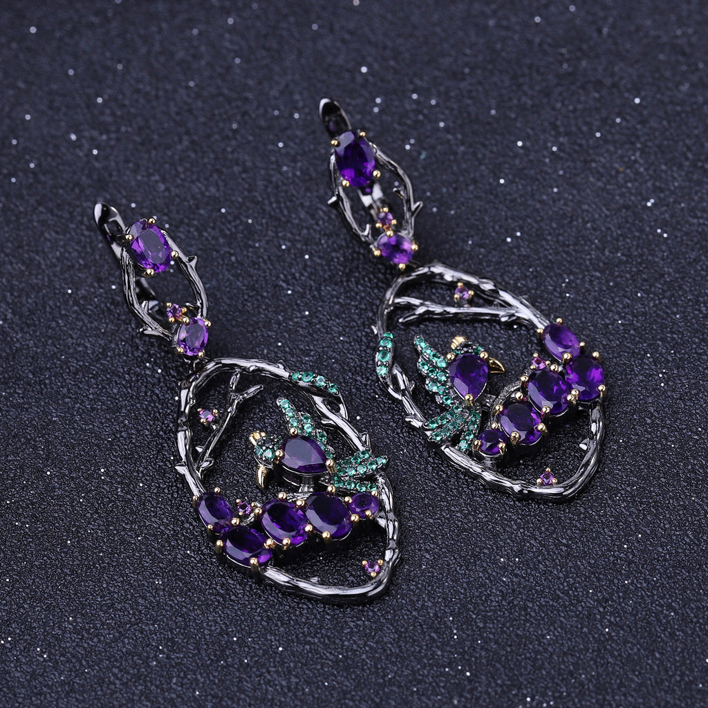 Natural Gemstone Birds Among the Branches Earrings 925 Sterling Silver (design detail close-up)