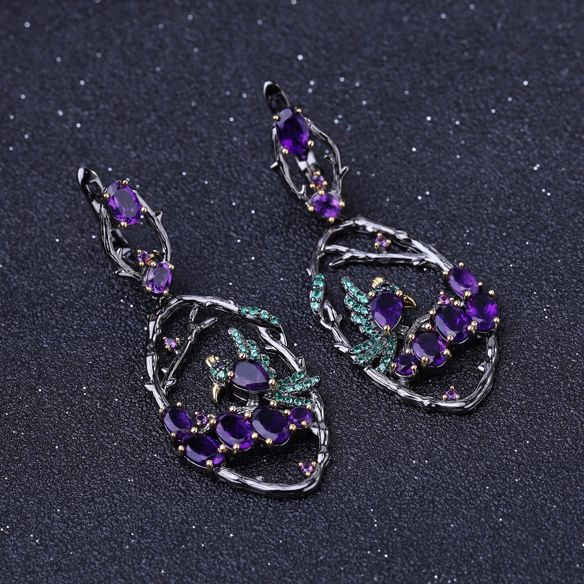 Natural Gemstone Birds Among the Branches Earrings 925 Sterling Silver (design detail close-up)