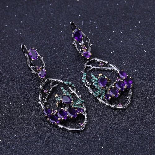 Natural Gemstone Birds Among the Branches Earrings 925 Sterling Silver (design detail close-up)