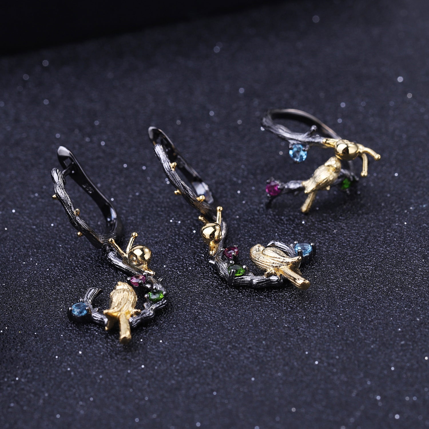 Multicolor Natural Gemstones Bird Earrings 925 Sterling Silver (side profile view)