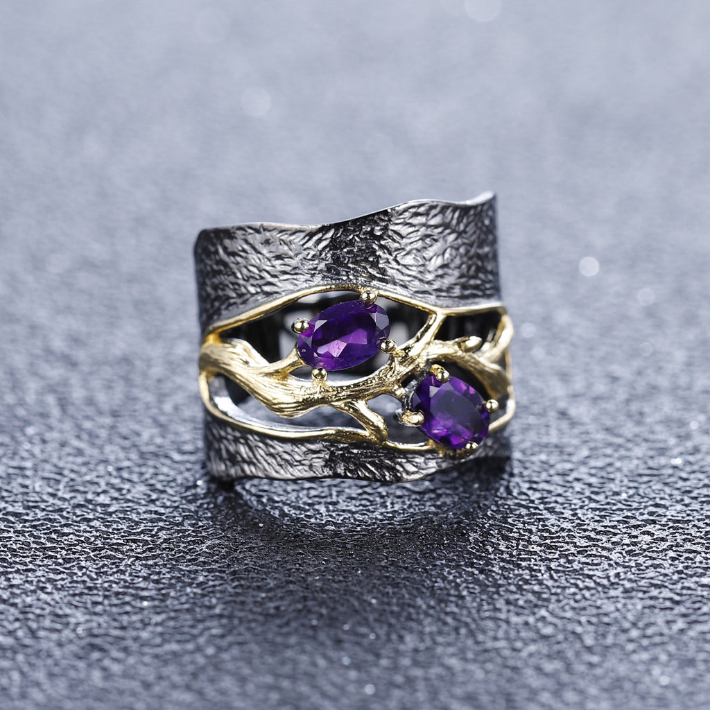 Natural Gemstone Branch Ring 925 Sterling Silver (design detail close-up)