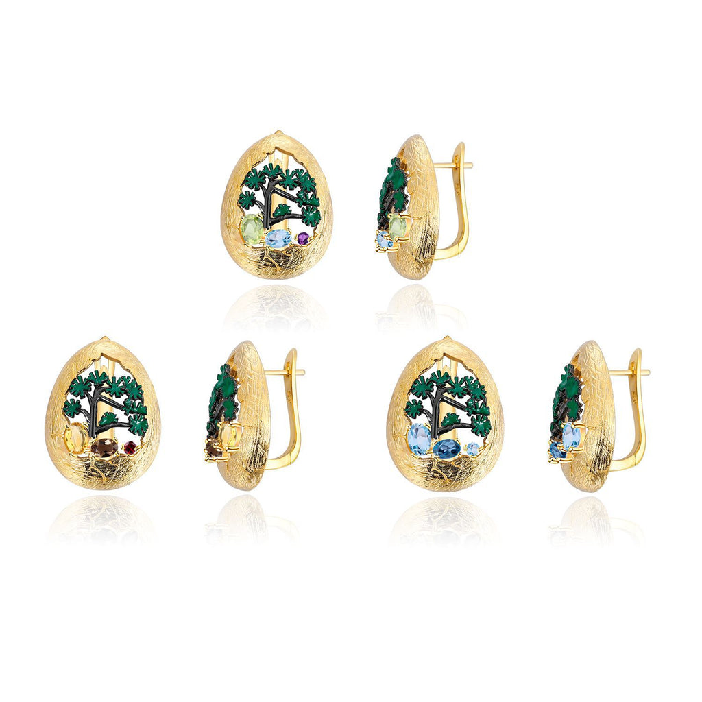 Multicolor Natural Gemstones Nature-Inspired Earrings 925 Sterling Silver (side profile view)