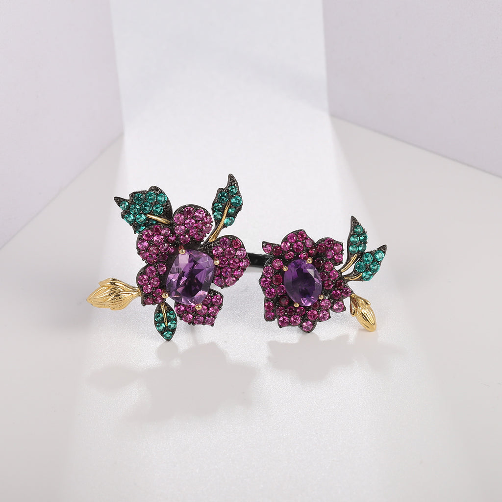 Citrine Floral Adjustable Ring 925 Sterling Silver (gemstone setting detail)