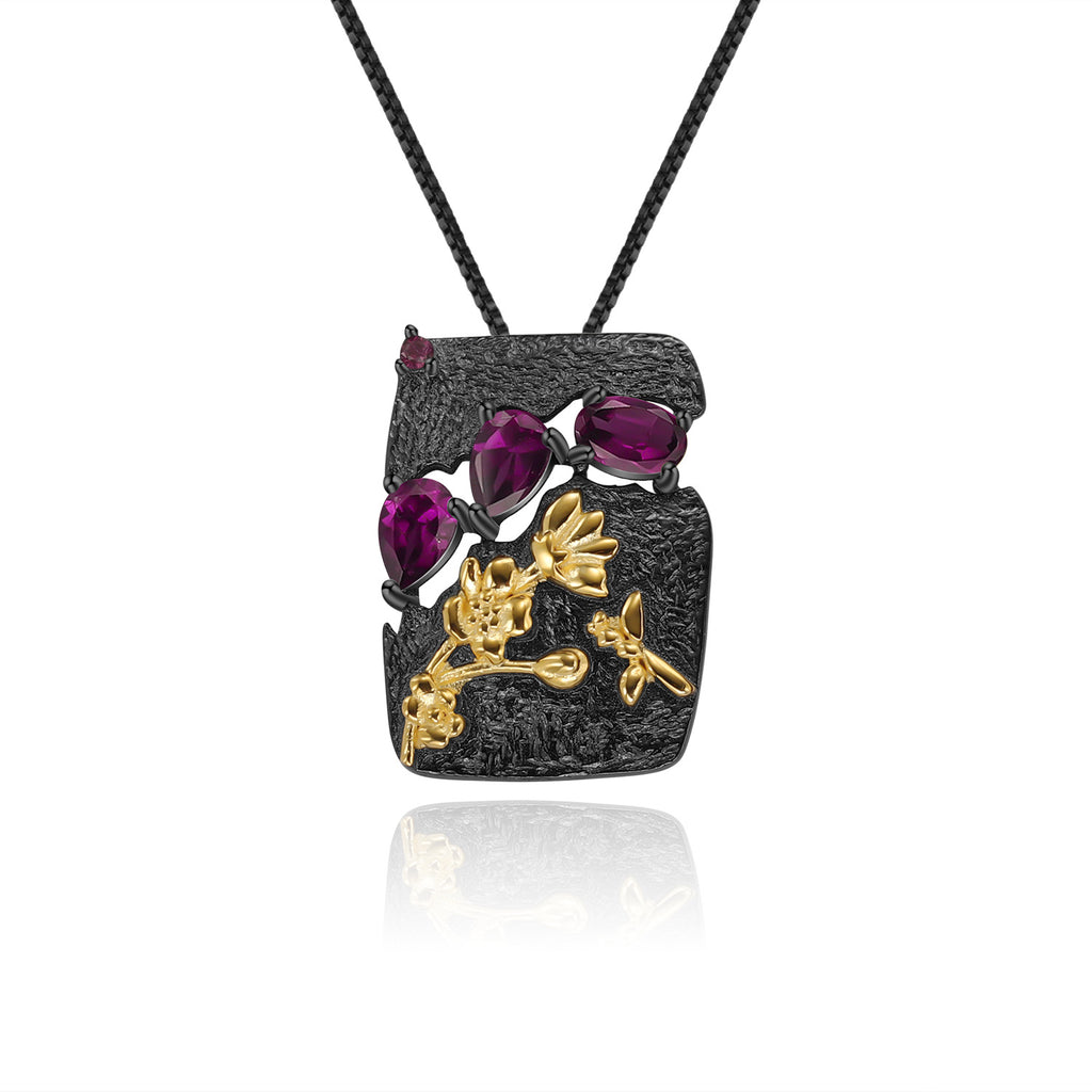 Rose Garnet Floral Pendant 925 Sterling Silver (wearing effect view)