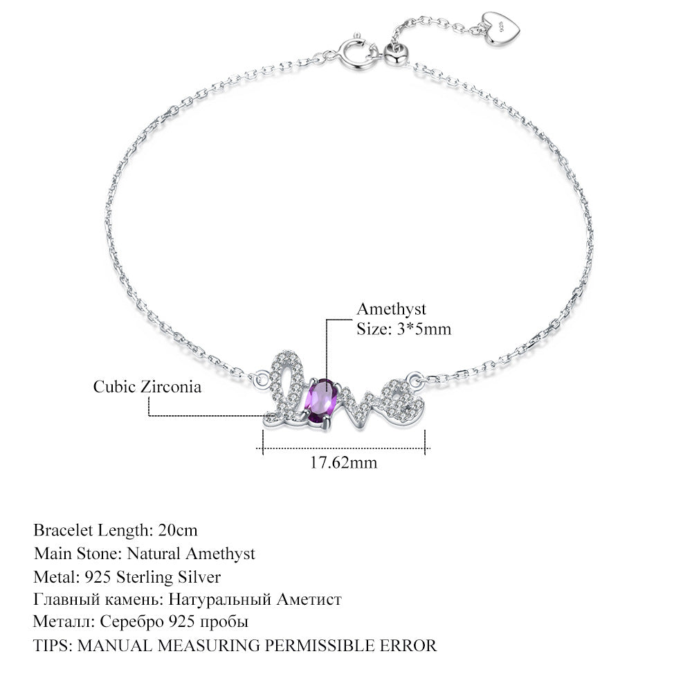 Amethyst LOVE Letter Bracelet 925 Sterling Silver (side profile view)