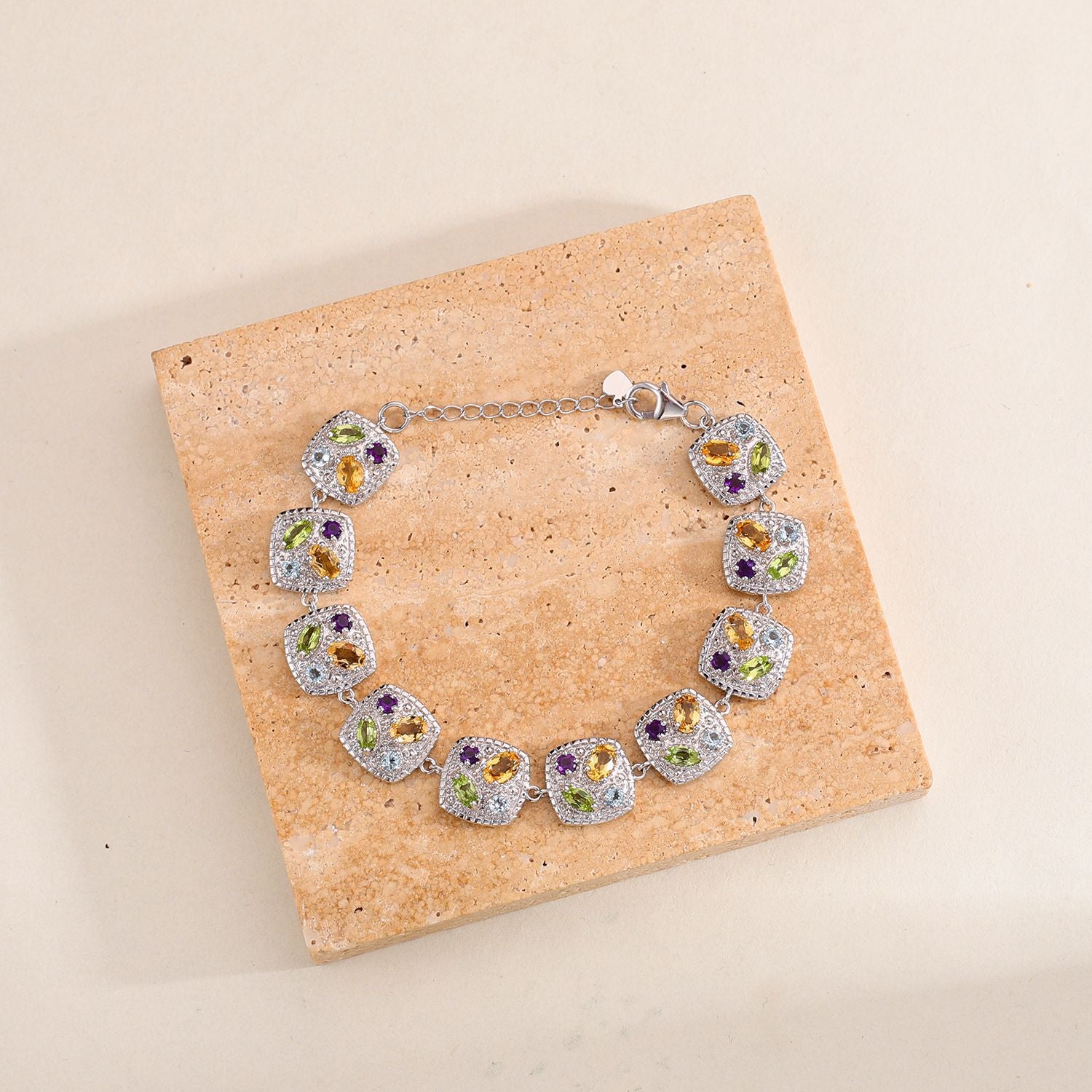 Multicolor Gemstones Luxury Bracelet 925 Sterling Silver (wearing effect view)