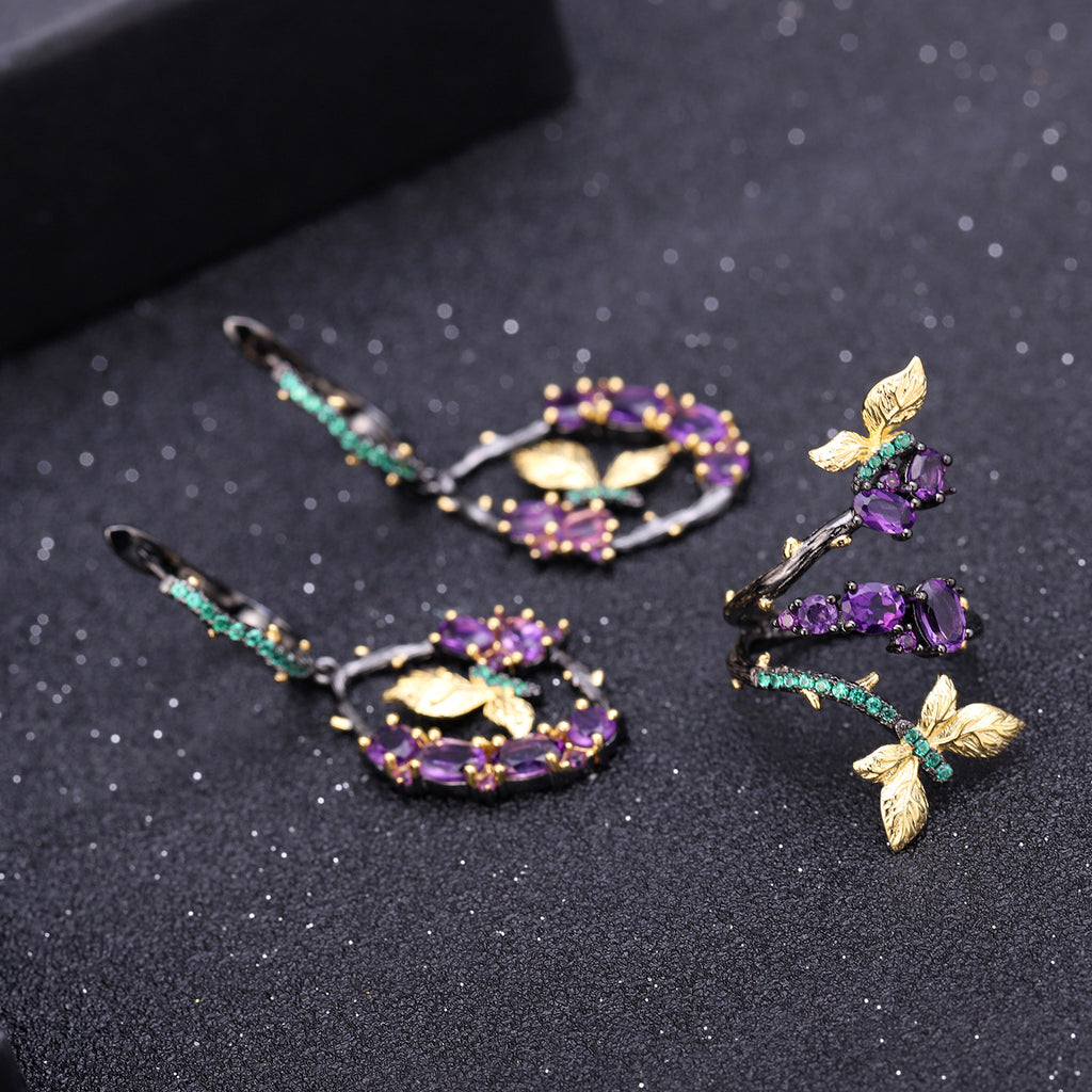 Natural Gemstone Butterfly Earrings 925 Sterling Silver (gemstone setting detail)