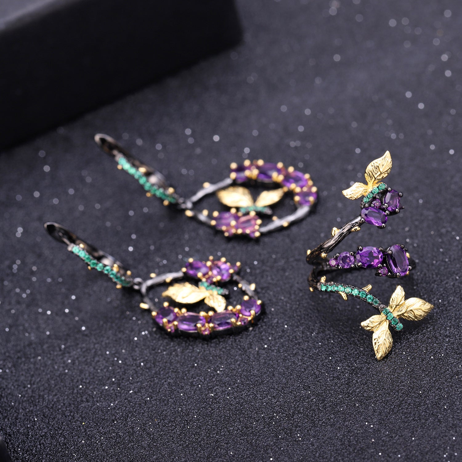 Natural Gemstone Butterfly Earrings 925 Sterling Silver (gemstone setting detail)