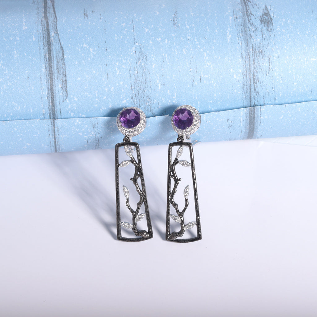 Amethyst Winter Plum Blossom Earrings 925 Sterling Silver (design detail close-up)
