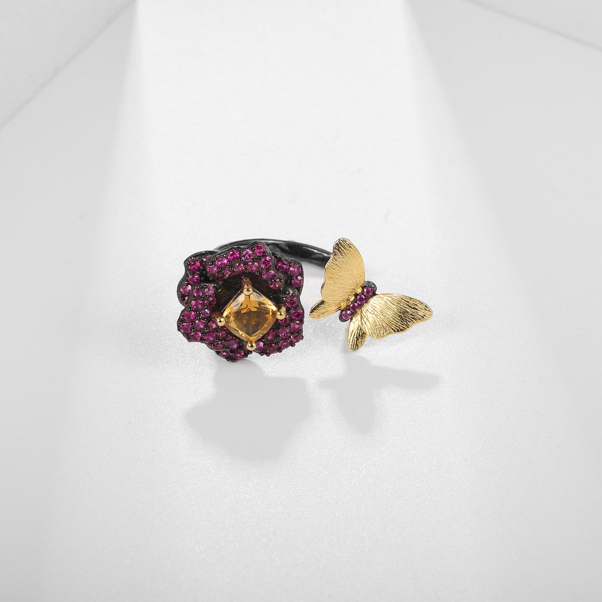 Amethyst Butterfly Adjustable Ring 925 Sterling Silver (design detail close-up)