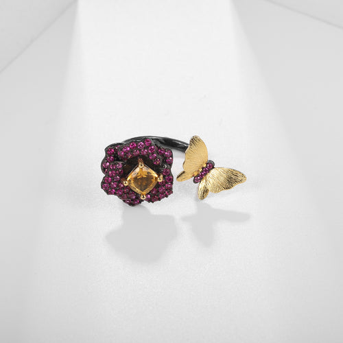 Amethyst Butterfly Adjustable Ring 925 Sterling Silver (design detail close-up)