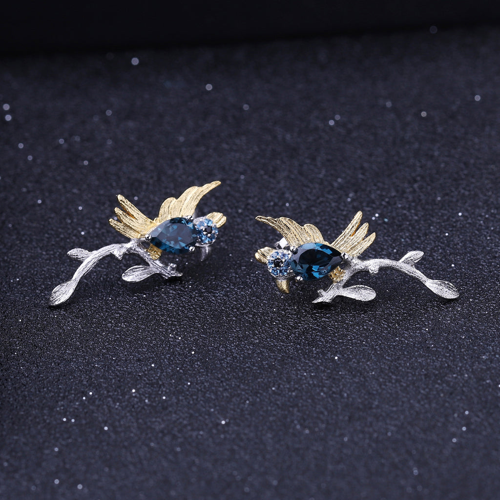 London Blue Topaz Magpie Earrings 925 Sterling Silver (design detail close-up)