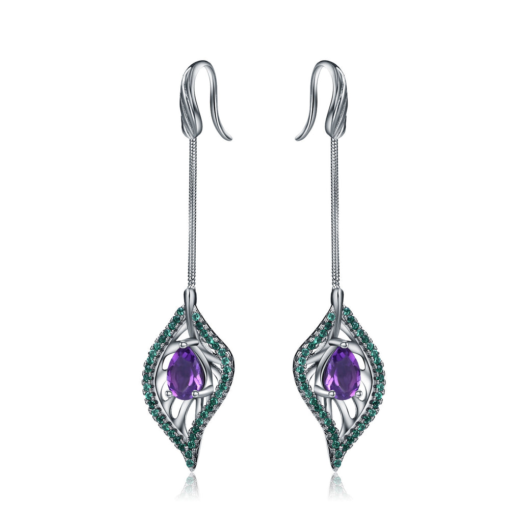 Amethyst Nature-Inspired Long Drop Earrings 925 Sterling Silver (wearing effect view)